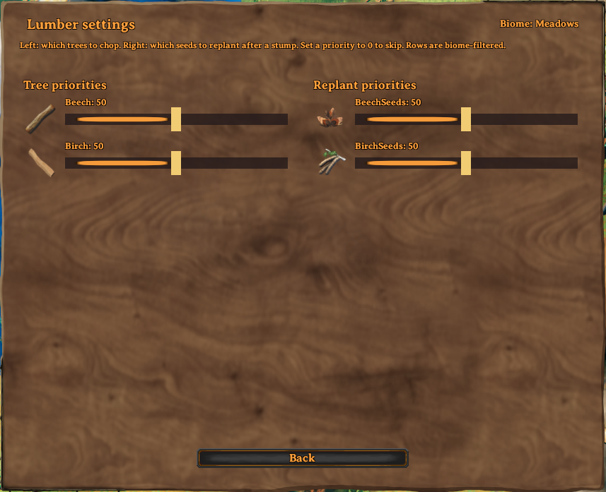 Lumber settings with tree and replant priorities