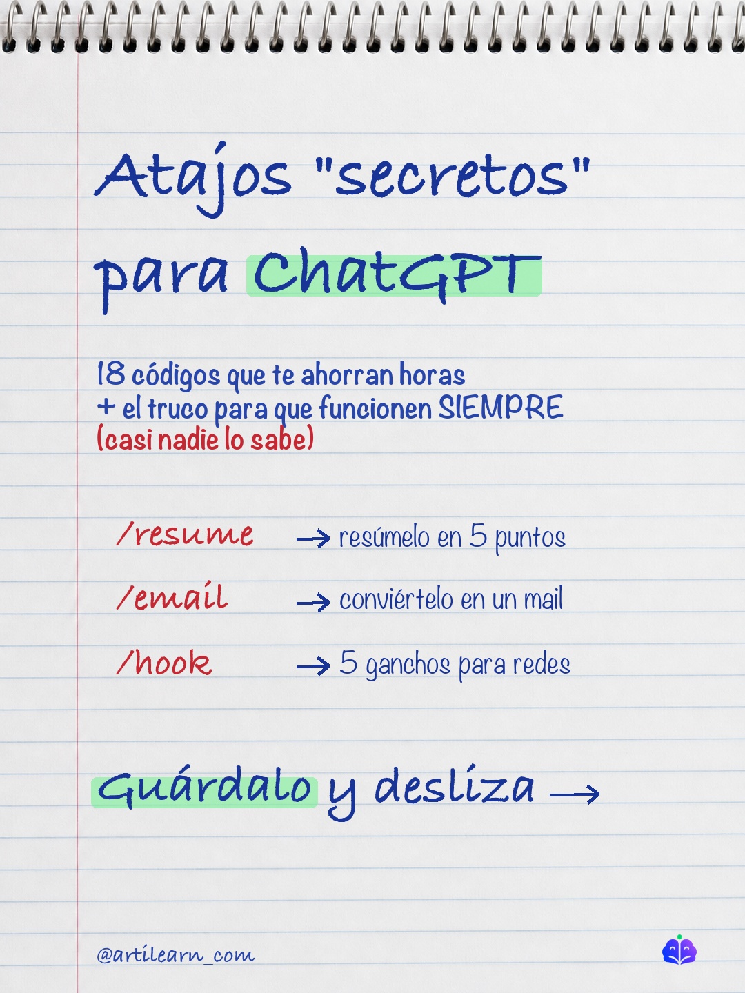 Hoja de cuaderno con atajos para ChatGPT escritos a mano