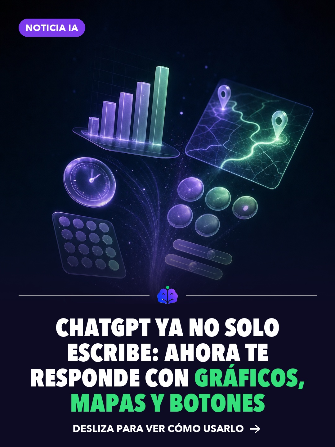 Celular con una respuesta de ChatGPT que se despliega en gráficos, mapas y botones interactivos