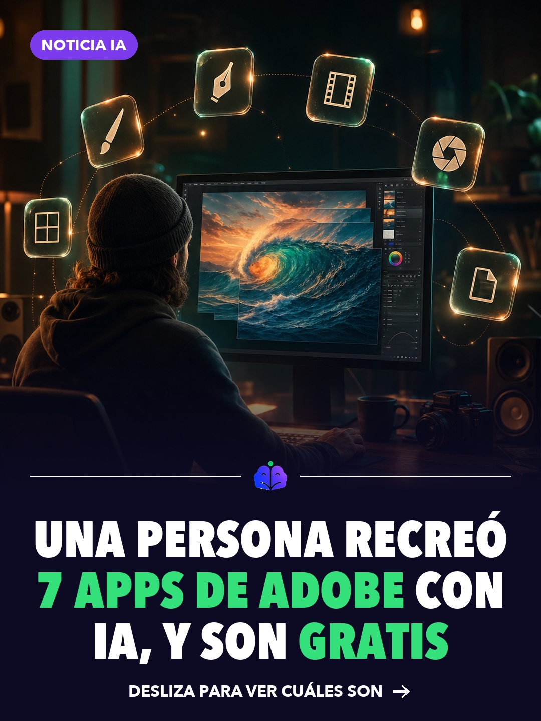 Creador frente a un monitor con un editor de fotos y siete íconos de apps creativas flotando