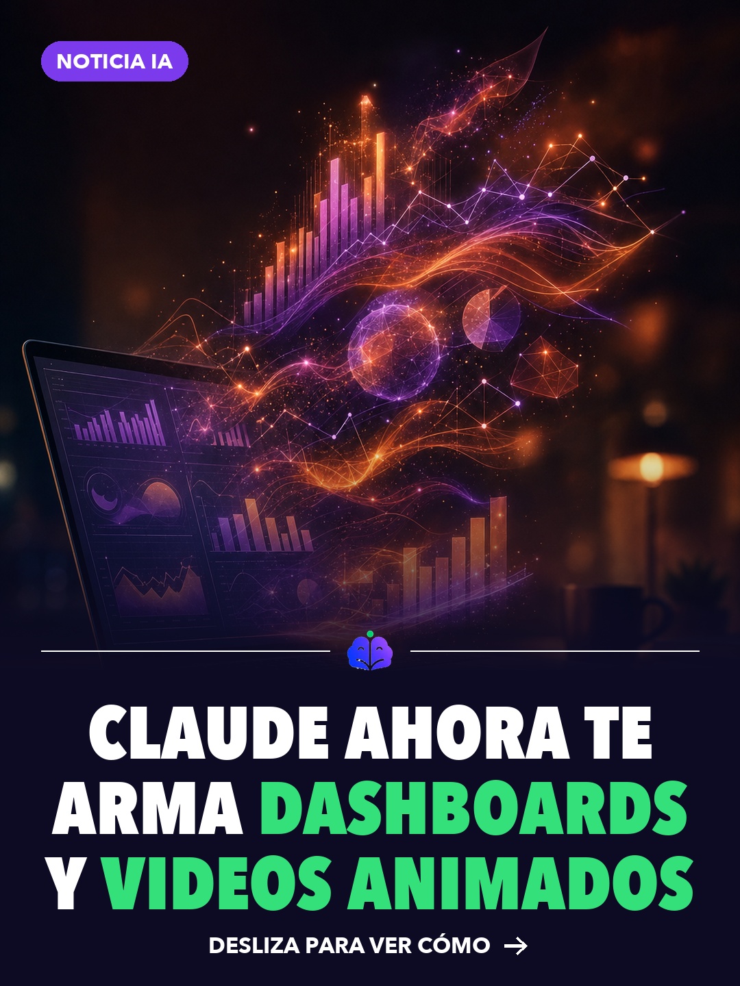 Laptop de la que salen gráficos y paneles de datos animados, ilustrando Claude Dashboards y Claude Motion