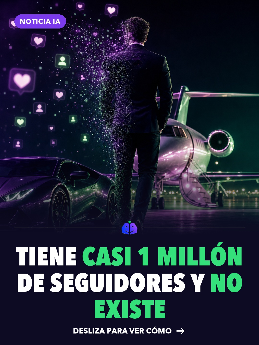 Hombre de traje junto a un auto deportivo y un avión privado, disolviéndose en píxeles: un influencer hecho con IA con casi 1 millón de seguidores