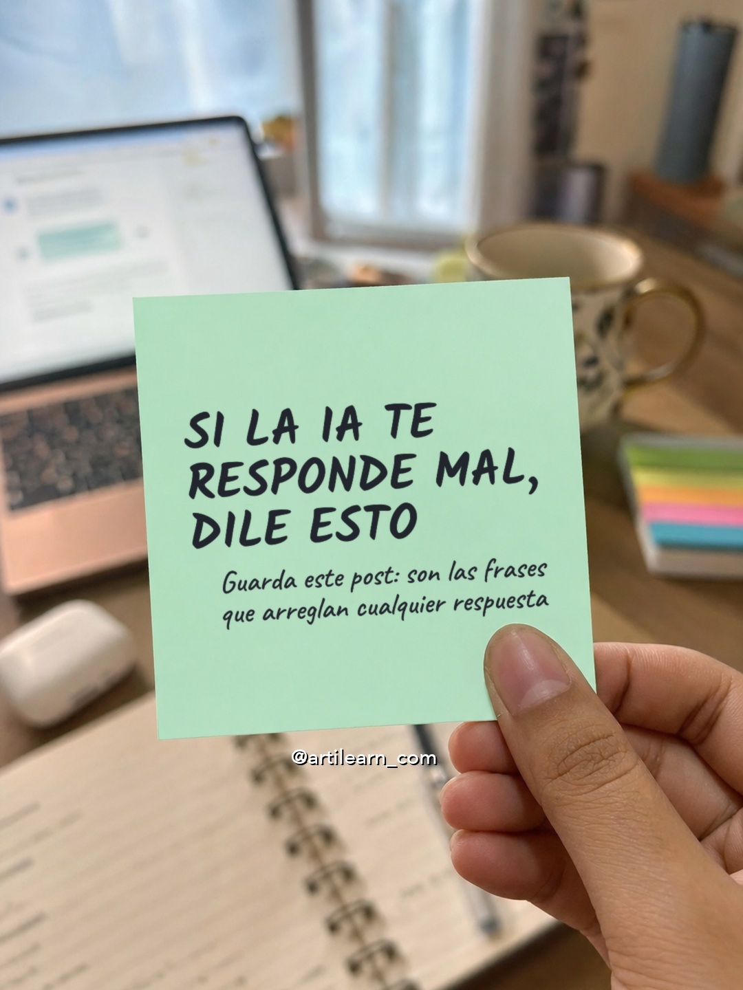 Mano sosteniendo un post-it verde que dice: Si la IA te responde mal, dile esto