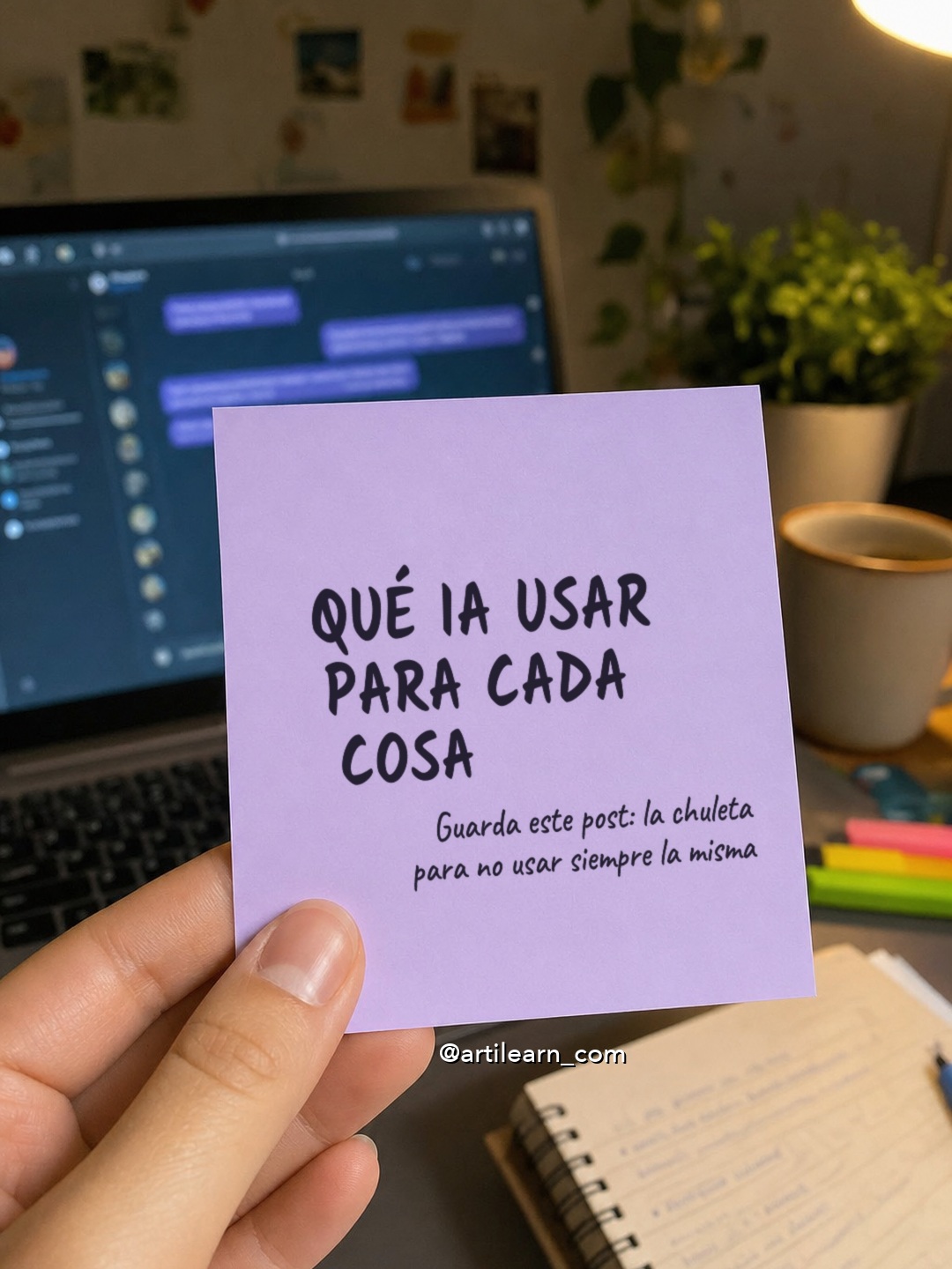 Mano sosteniendo un post-it violeta que dice Qué IA usar para cada cosa