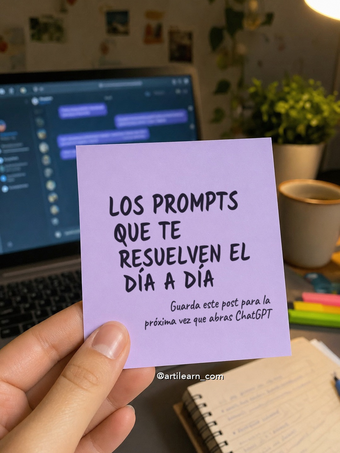 Mano sosteniendo un post-it lavanda con el texto 'Los prompts que te resuelven el día a día'