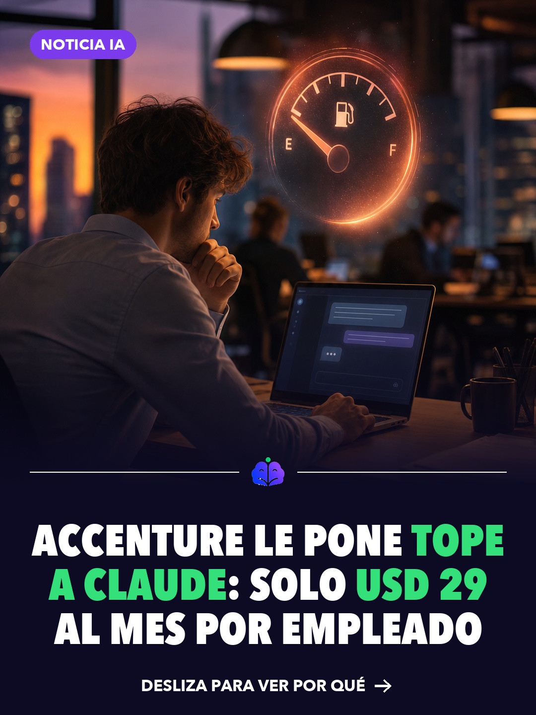 Profesional frente a una laptop con un indicador de combustible casi vacío y el titular 'Accenture le pone tope a Claude: solo USD 29 al mes por empleado'