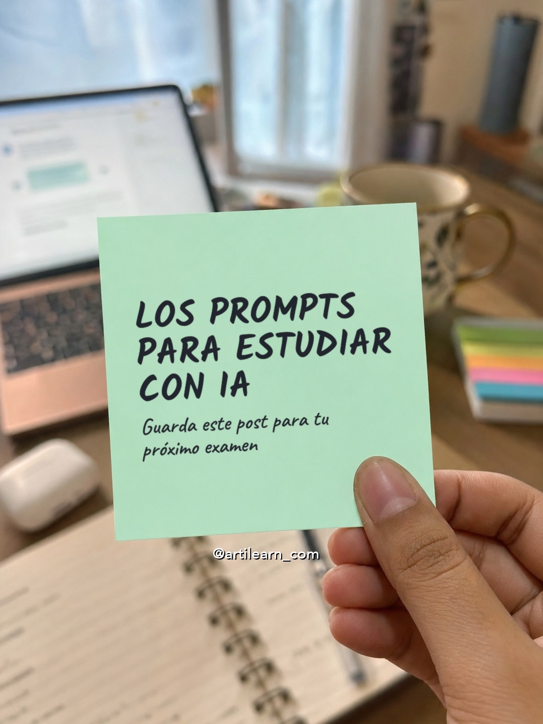 Mano sosteniendo un post-it verde que dice: Los prompts para estudiar con IA
