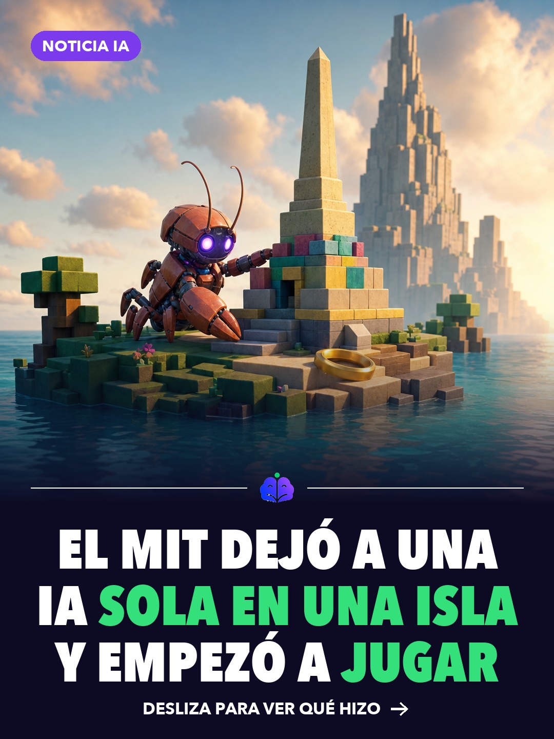 Ilustración de un agente de IA con cuerpo de langosta en una isla virtual con un templo de bloques