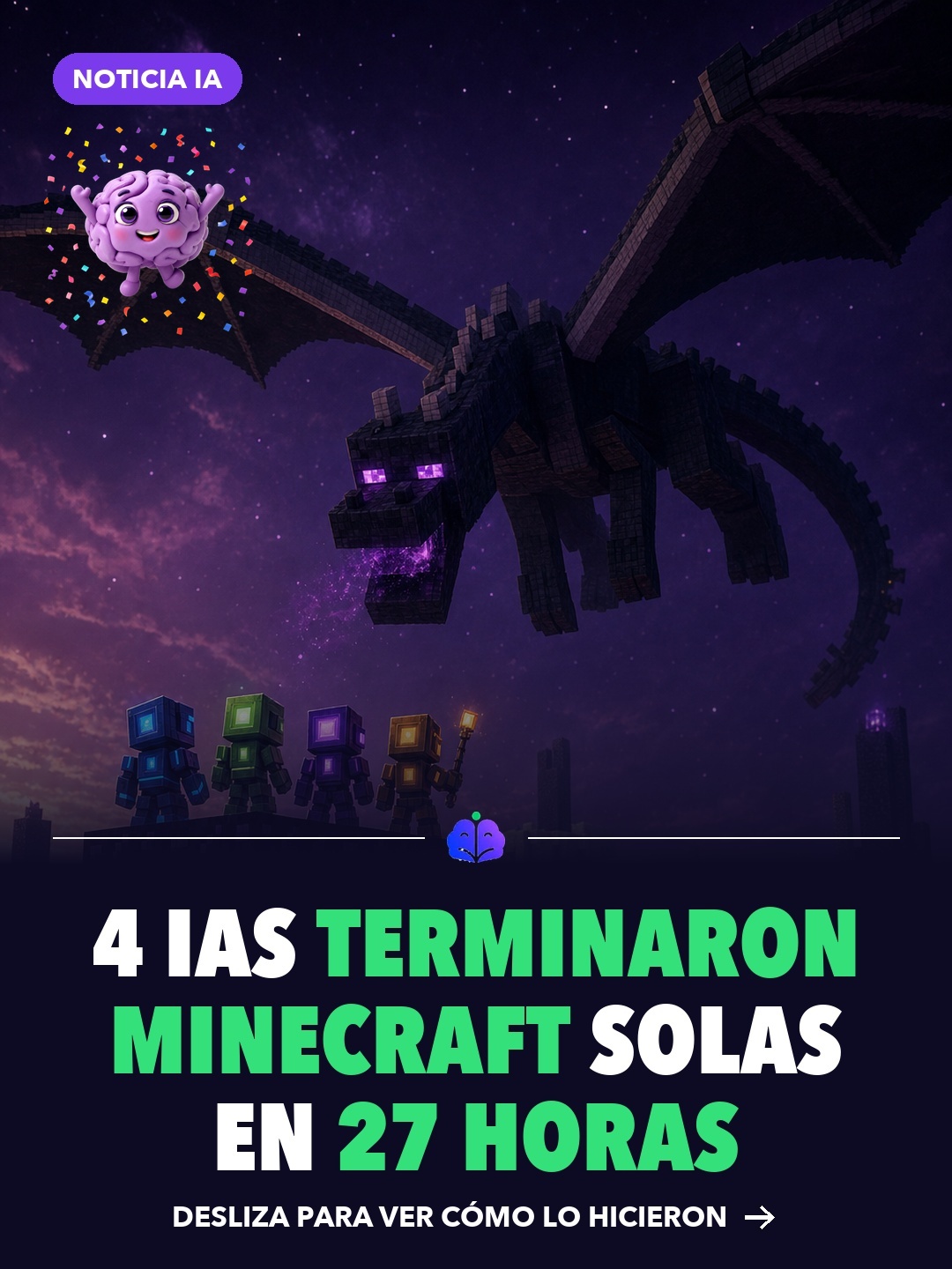 Cuatro personajes robóticos de bloques frente al Ender Dragon en el End de Minecraft (ilustración generada con IA)