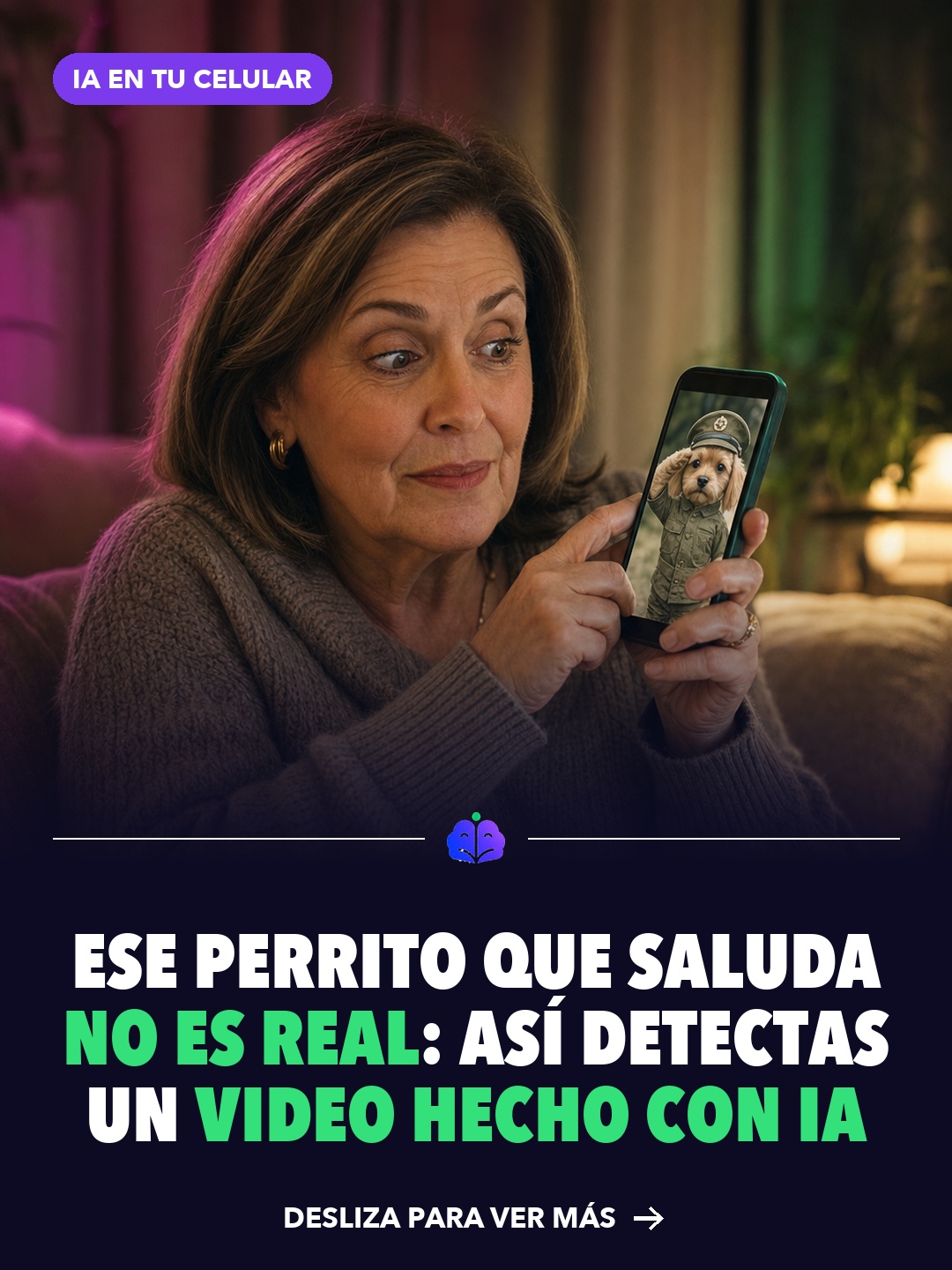 Mujer mirando en el celular un video de un perrito con uniforme que hace el saludo militar, hecho con IA