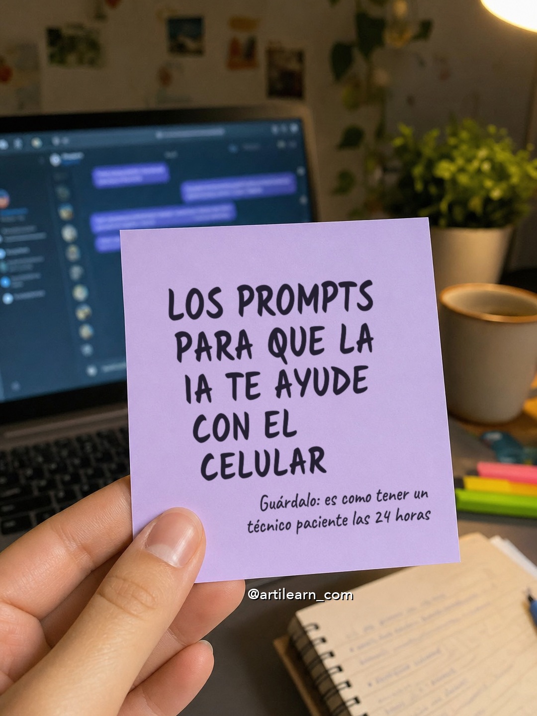 Mano sosteniendo un post-it lila que dice: Los prompts para que la IA te ayude con el celular