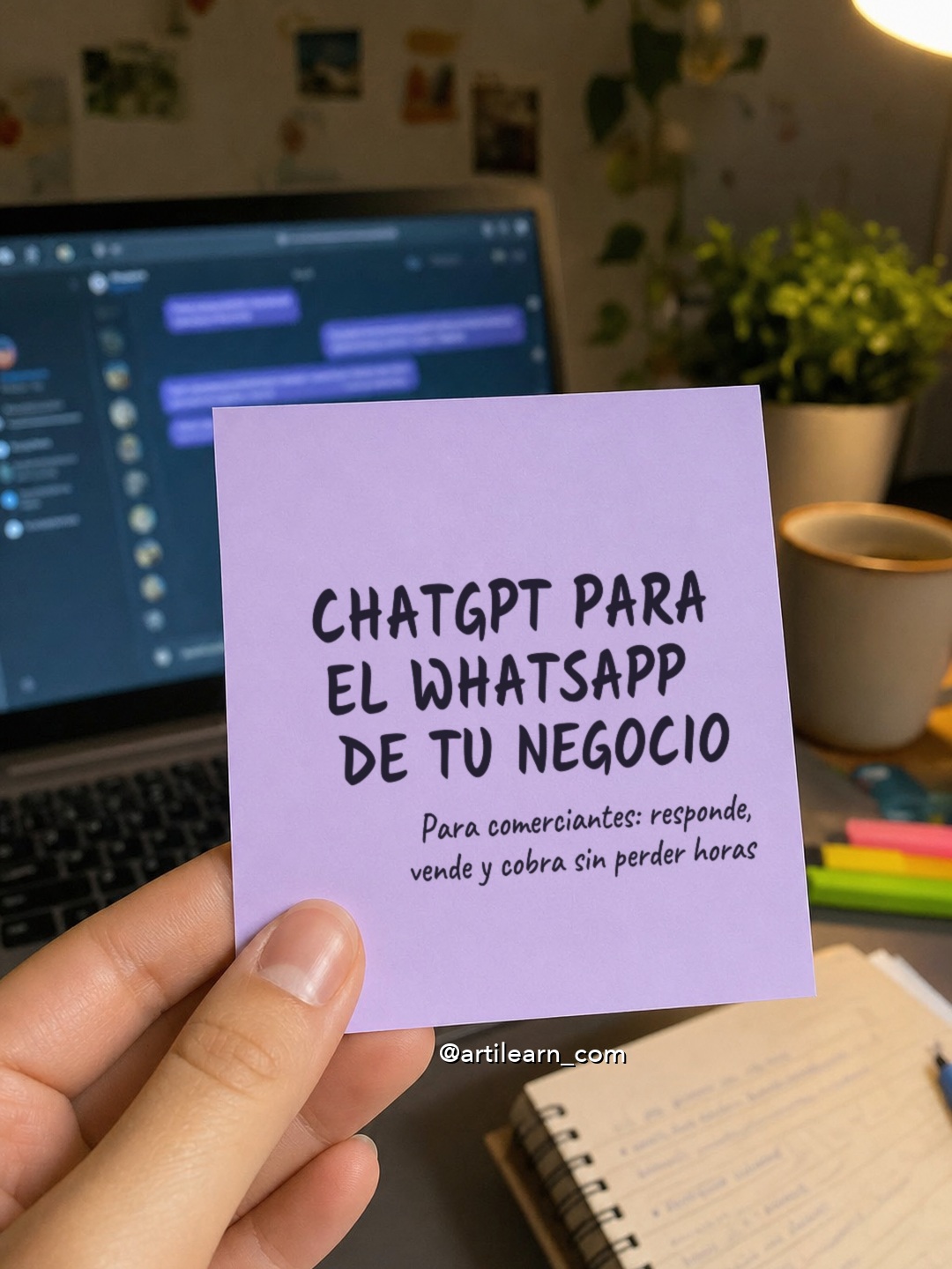 Mano sosteniendo un post-it lavanda que dice ChatGPT para el WhatsApp de tu negocio