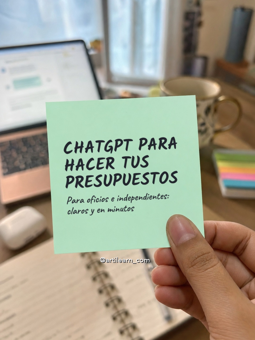 Mano sosteniendo un post-it verde que dice ChatGPT para hacer tus presupuestos
