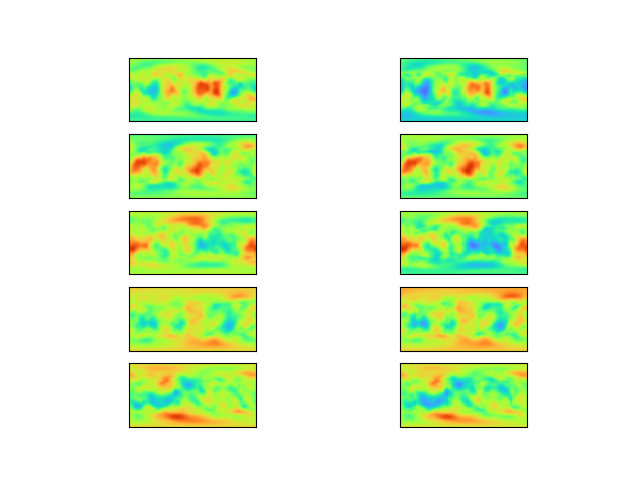 Network performance on unseen procedural terrain (targets on the left, outputs on the right)