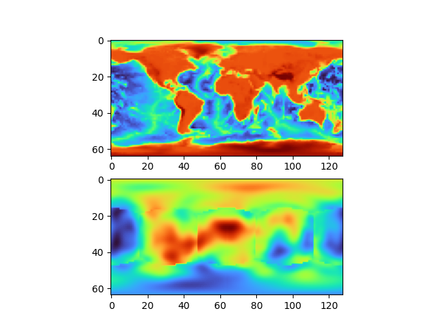 Network performance on a real height-map of the earth (target above, output below)