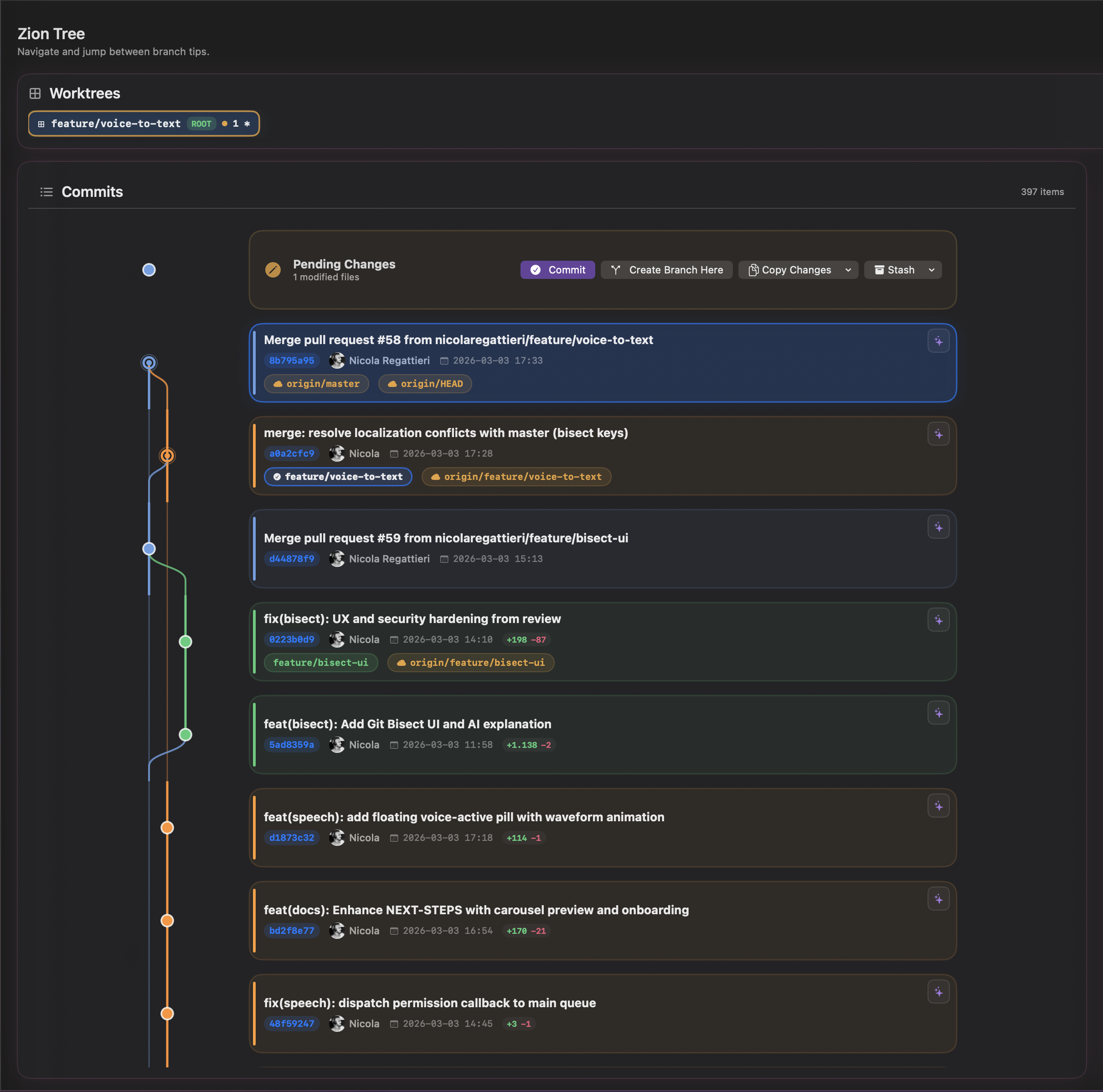 Zion Tree — visual commit graph with curved lane edges