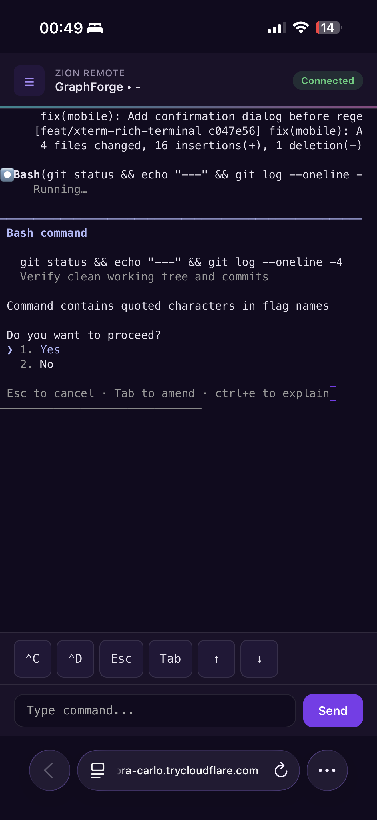 Mobile Terminal — live xterm.js with ANSI colors