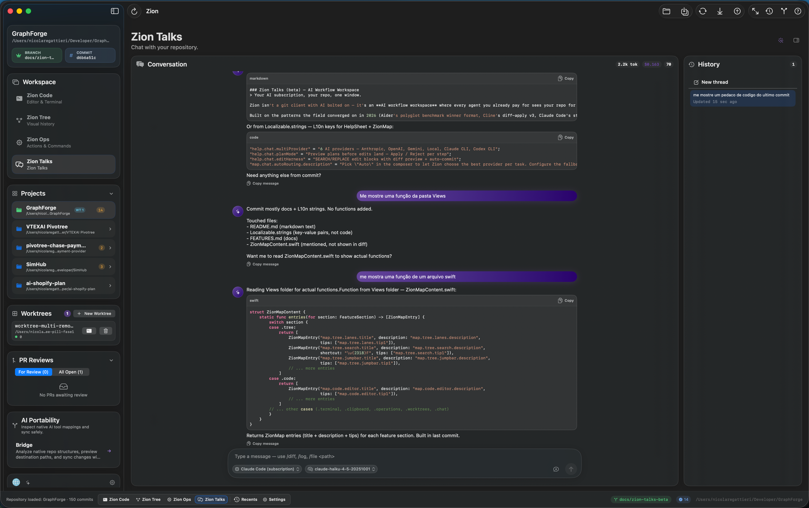 Zion Talks — multi-provider chat with plan mode, edit preview cards, cost meter and history sidebar