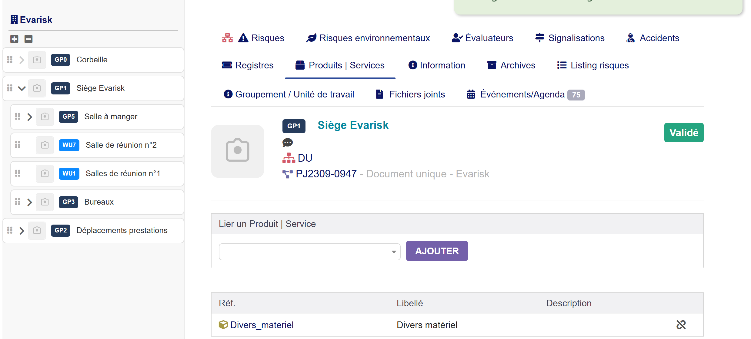 L'onglet Produits | Services d'une unité de travail
