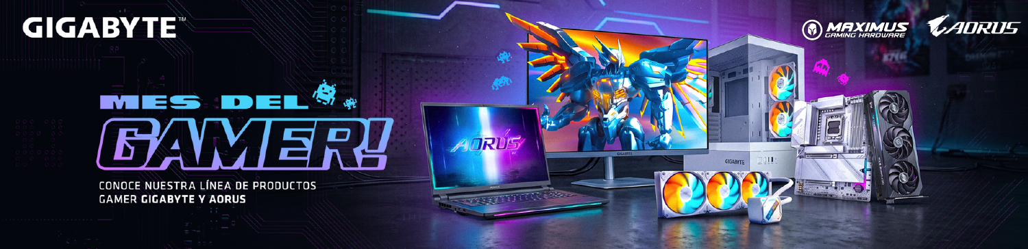 Mes del Gamer: productos gamer Gigabyte y AORUS, con notebook, monitor, gabinete, motherboard y refrigeración líquida