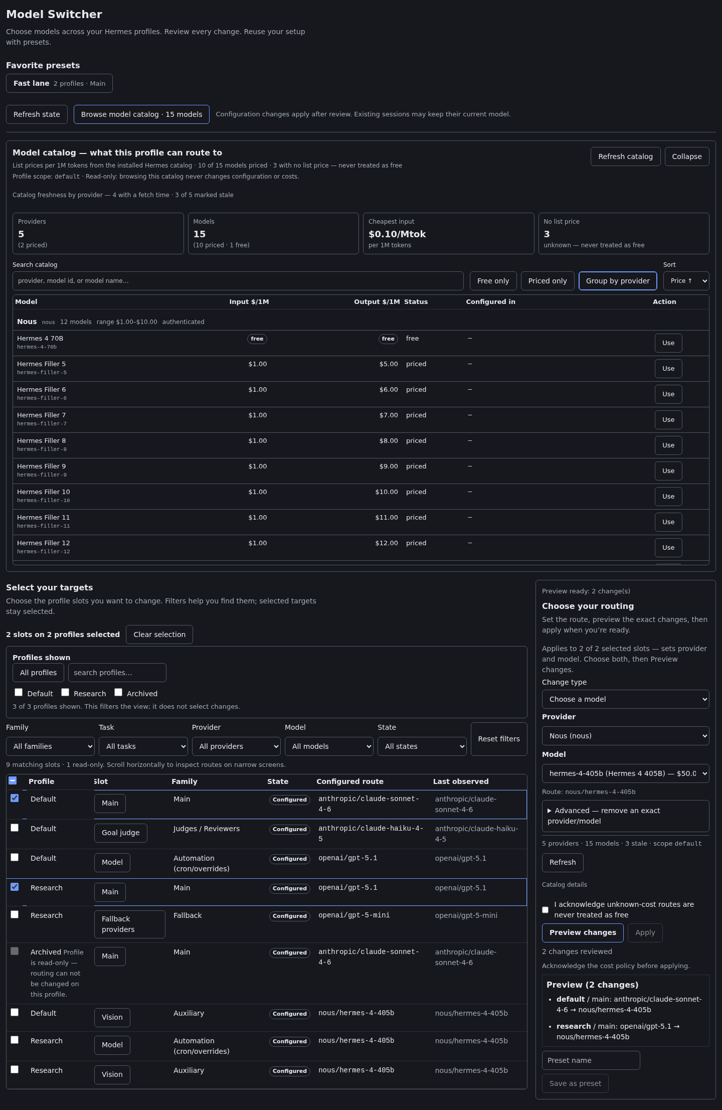 Model catalog with list prices per 1M tokens
