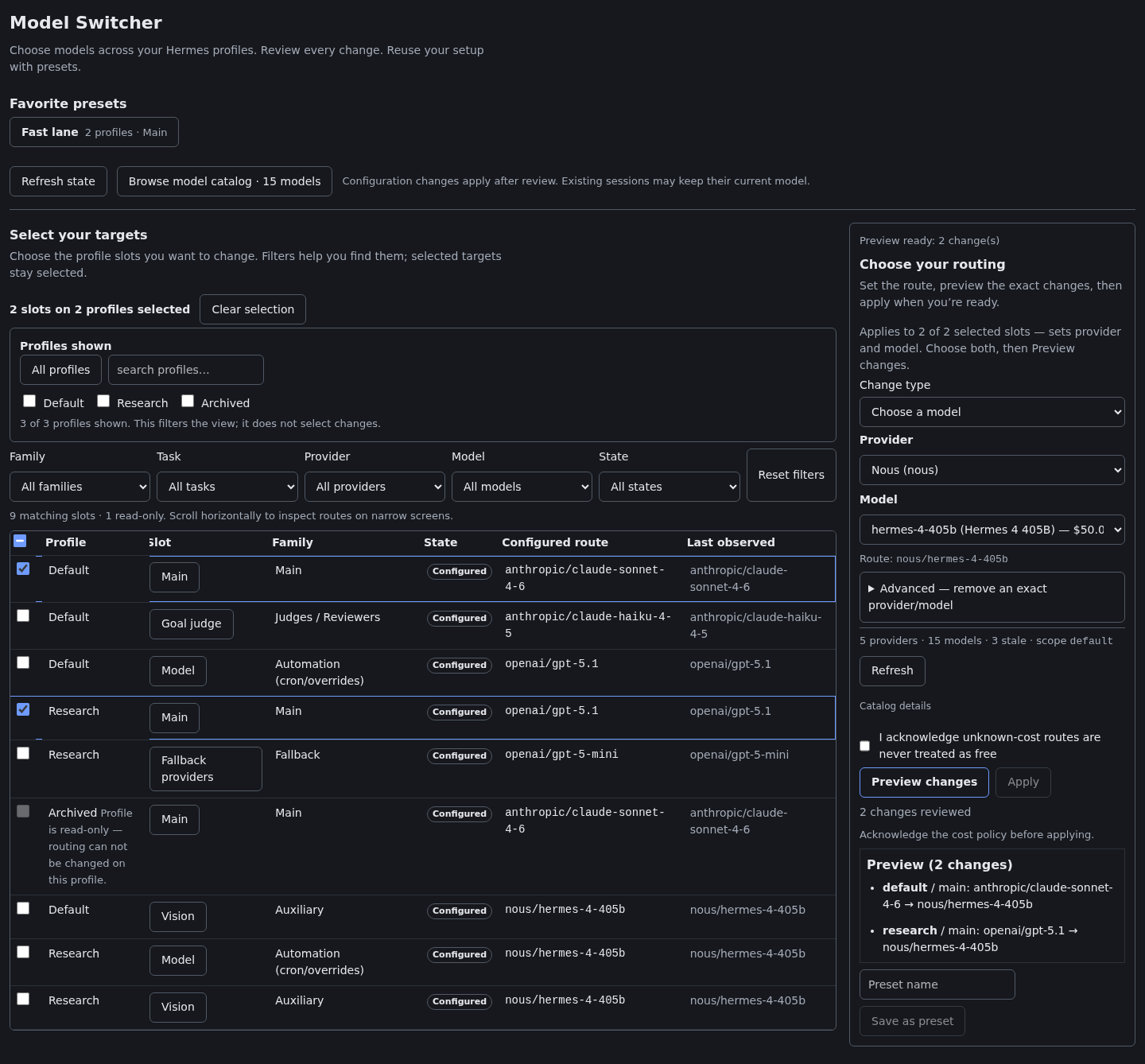 Model Switcher showing synthetic Hermes profiles in a dark theme