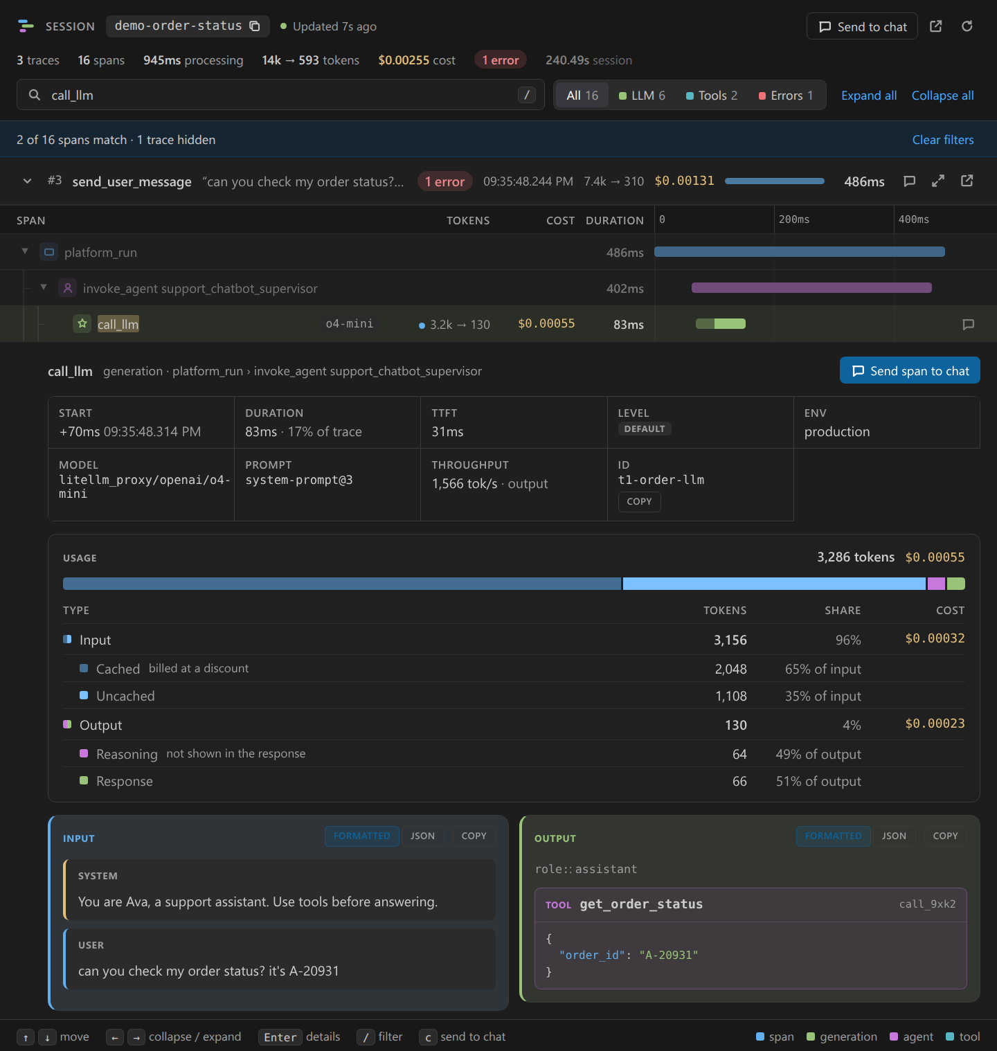 Generation detail with token usage breakdown