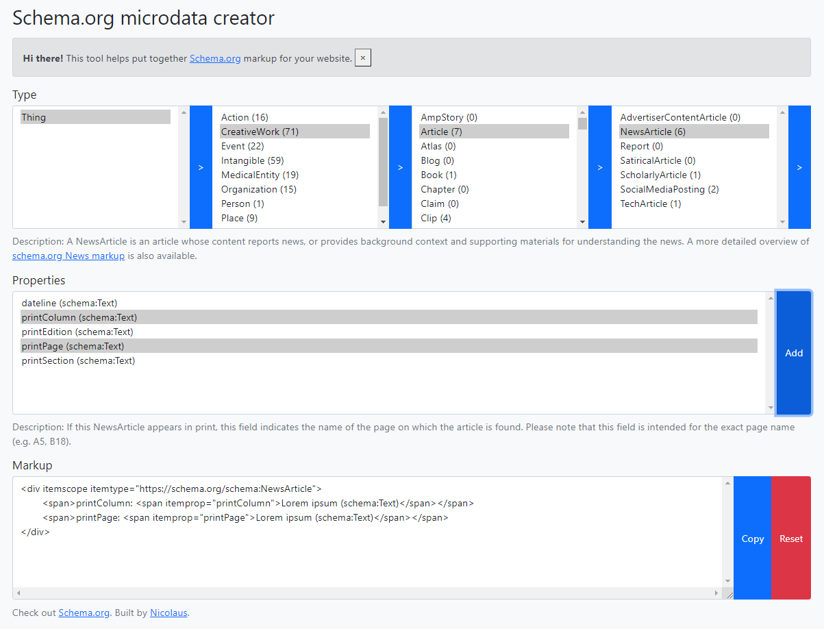 Screenshot of schema.org microdata creator