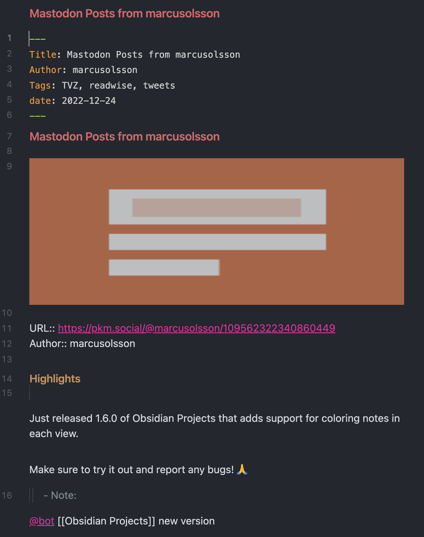 Screenshot of a Mastodon post imported into Obsidian