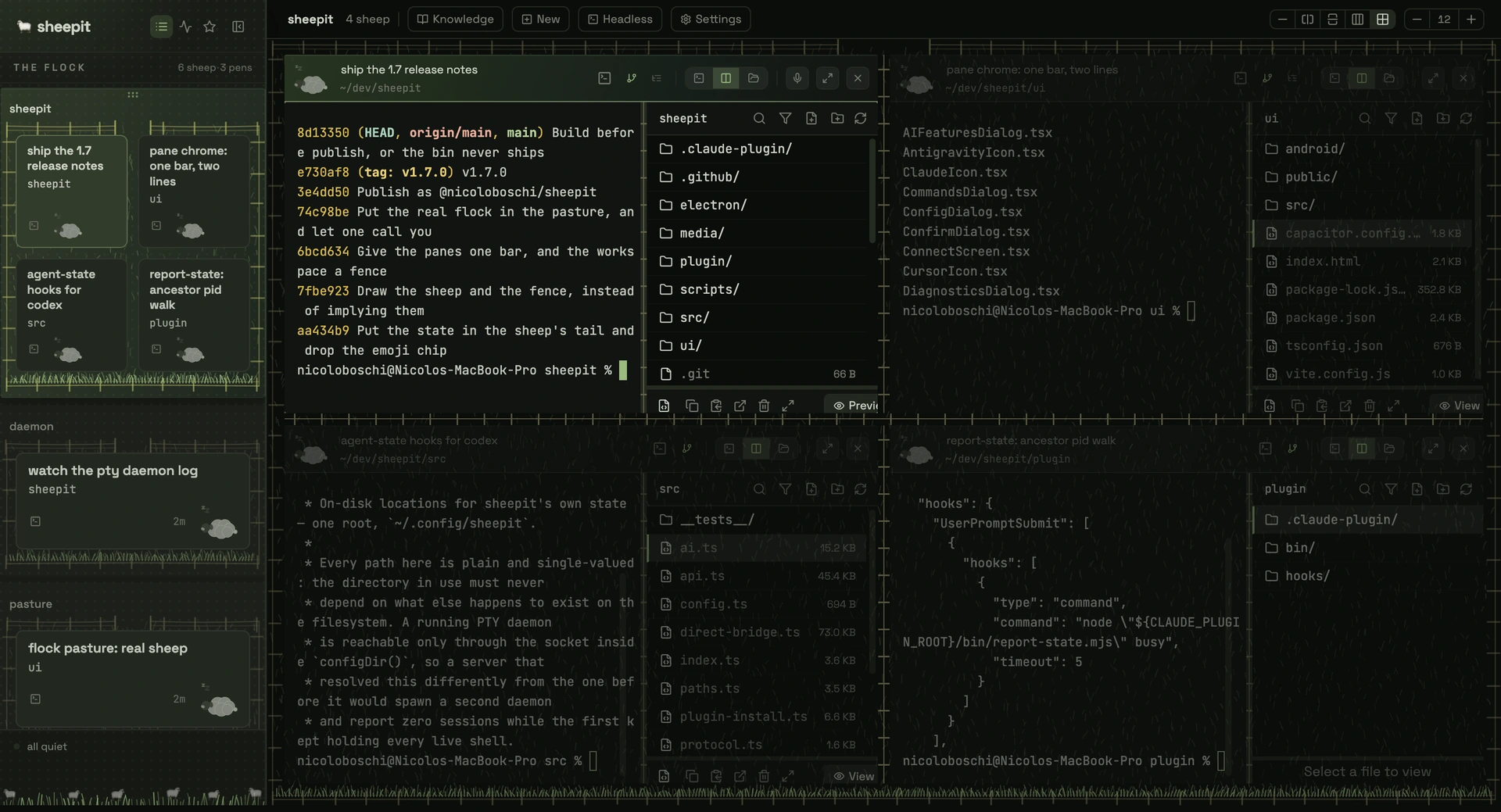 sheepit: a sidebar of pens, each holding a flock of terminal sessions, beside a 2x2 grid of live shells