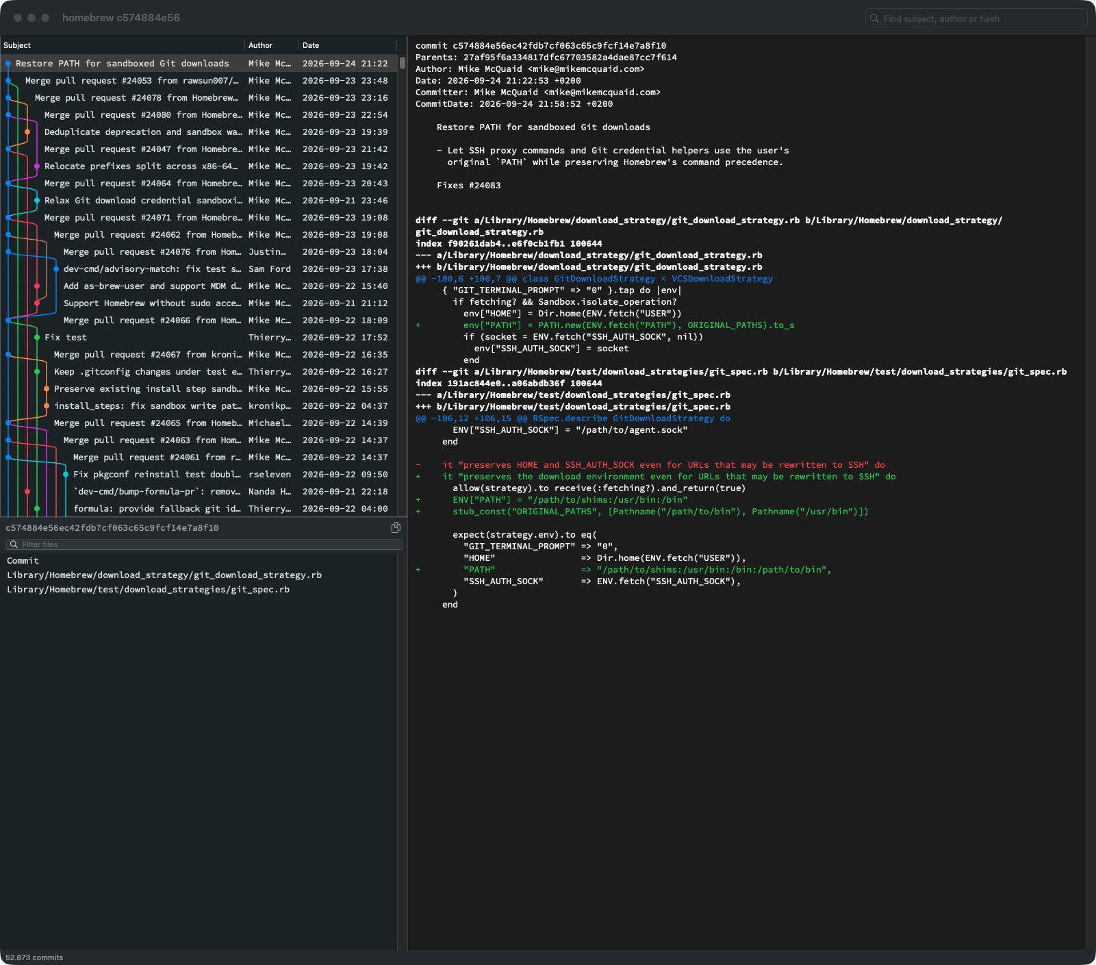 gitview showing the Homebrew repo