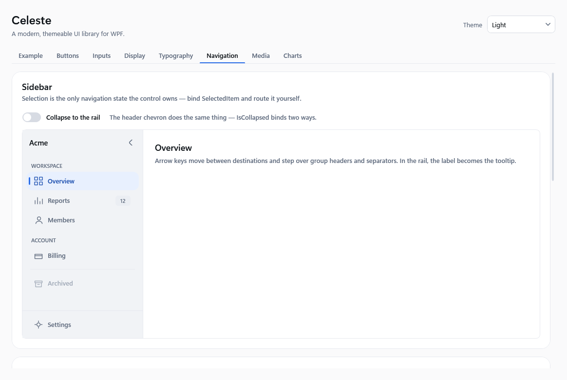 A sidebar with a workspace group holding Overview, Reports with a badge of 12, and Members, an account group holding Billing, a disabled Archived item, and Settings pinned to the bottom