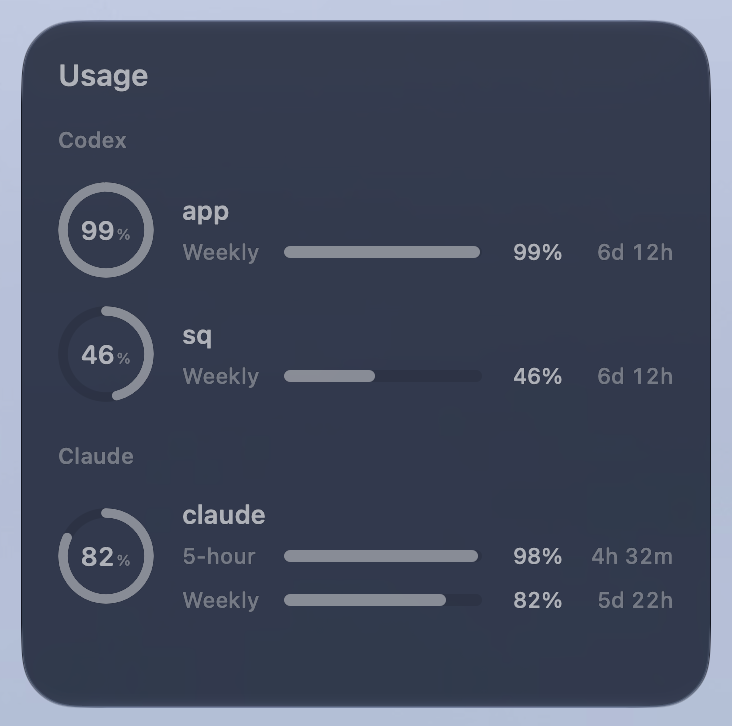 Comradex desktop widget showing remaining quota and reset countdowns for Codex and Claude accounts