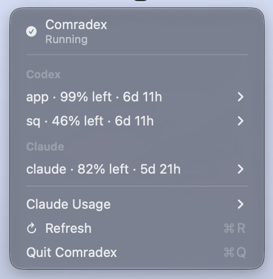 Comradex menu showing Codex and Claude account usage and reset times