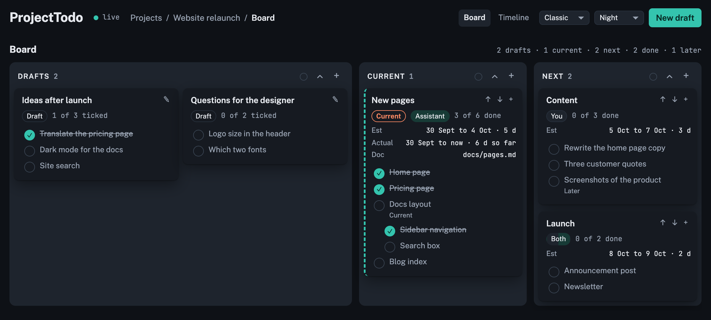 The board: Drafts, Current and Next, with Done and Later off to the right