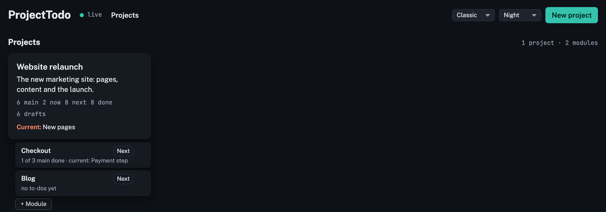 Modules on the projects page