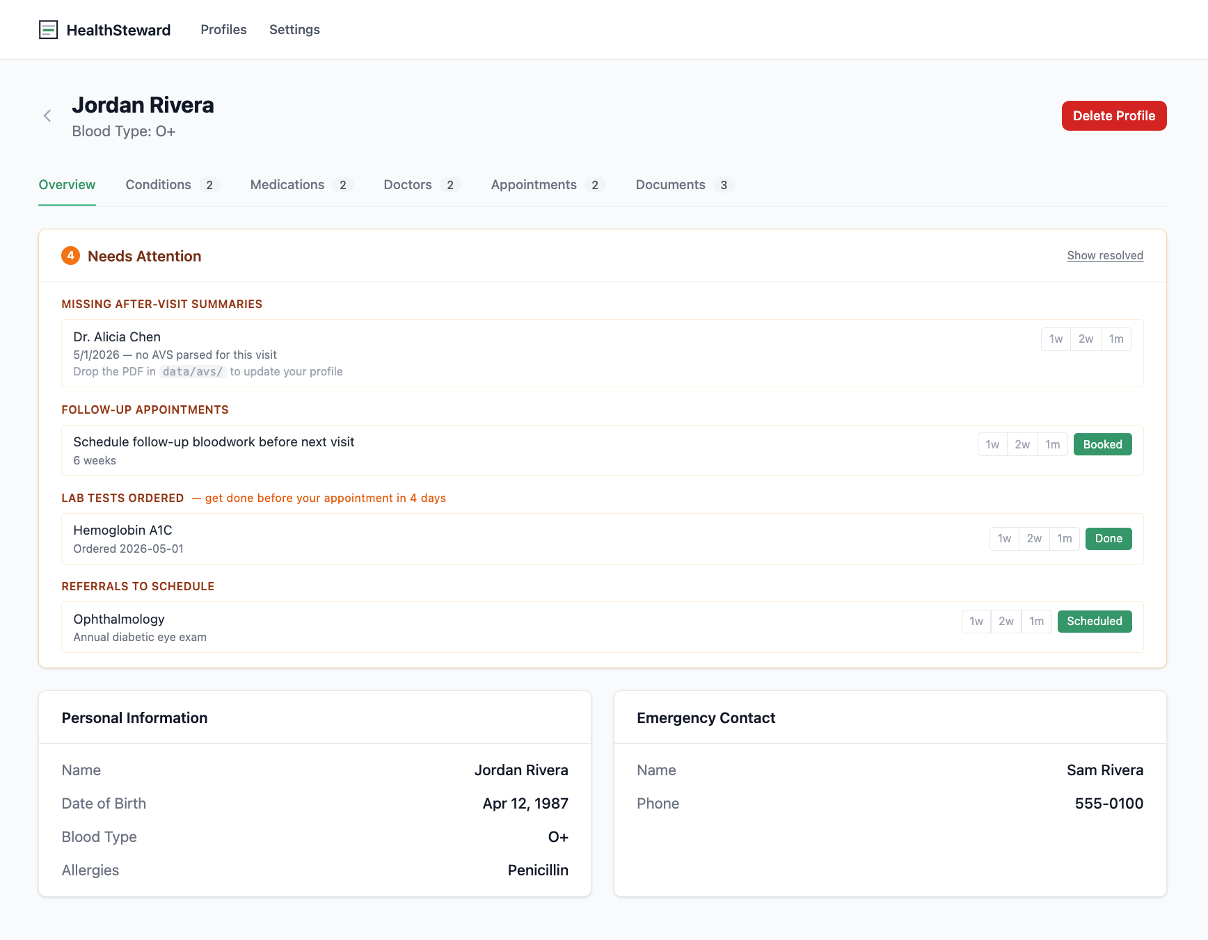 HealthSteward overview tab showing the Needs Attention panel with pending follow-ups, lab orders, and referrals