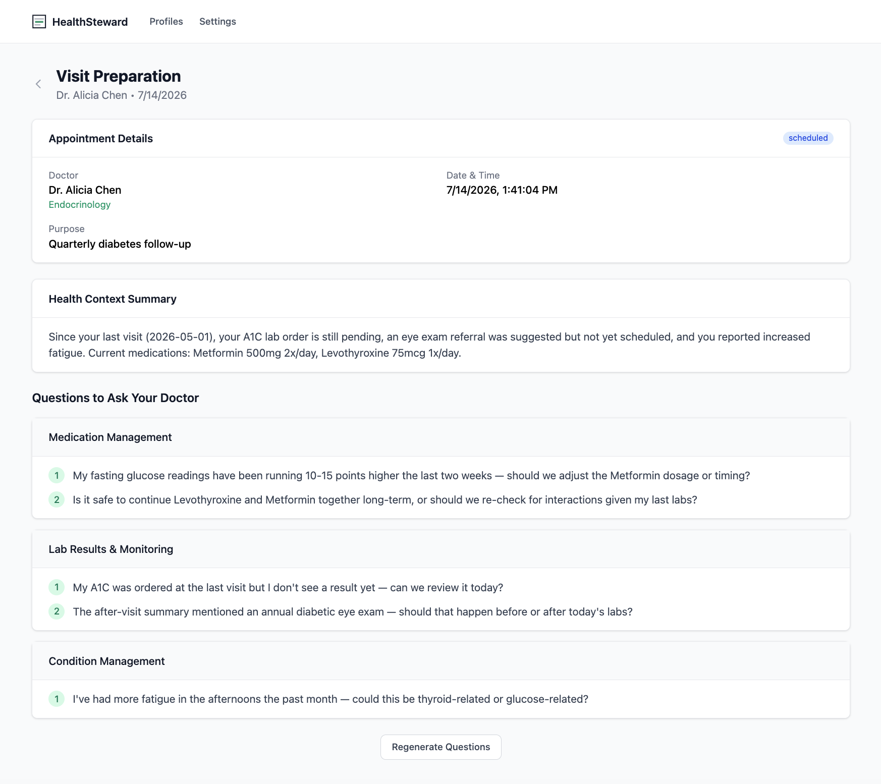 HealthSteward visit prep page showing an AI-generated health context summary and categorized questions to ask a doctor