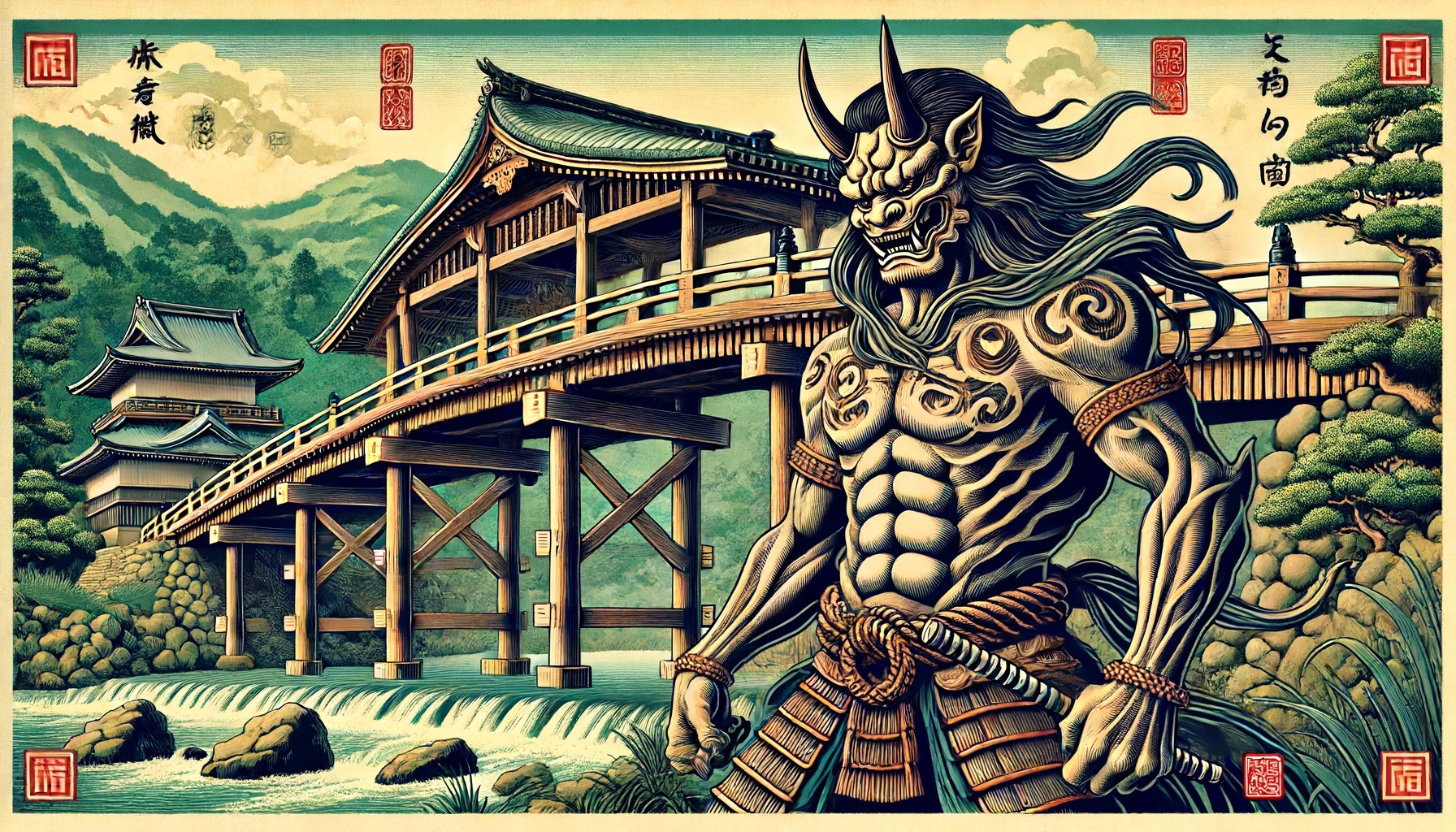 An Oni guards a bridge built using traditional Kigumi techniques