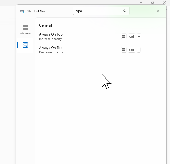 Shortcut Guide PowerToys page filtered by opa