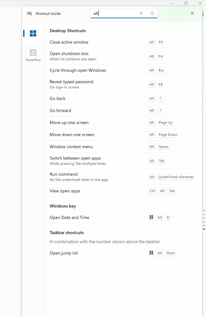 Shortcut Guide Windows page filtered by Alt
