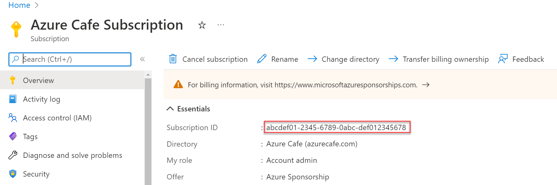 An Azure Subscription page displays with the Subscription ID value highlighted.