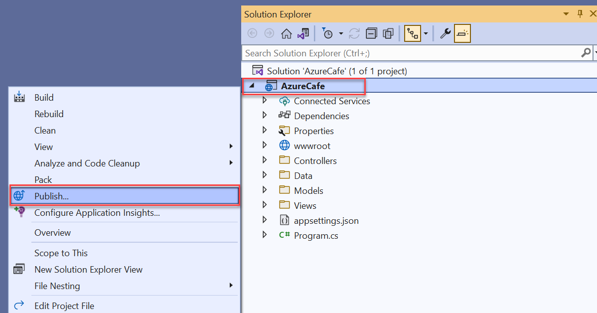 The Visual Studio Solution Explorer panel displays with the project context menu expanded and the Publish item selected.