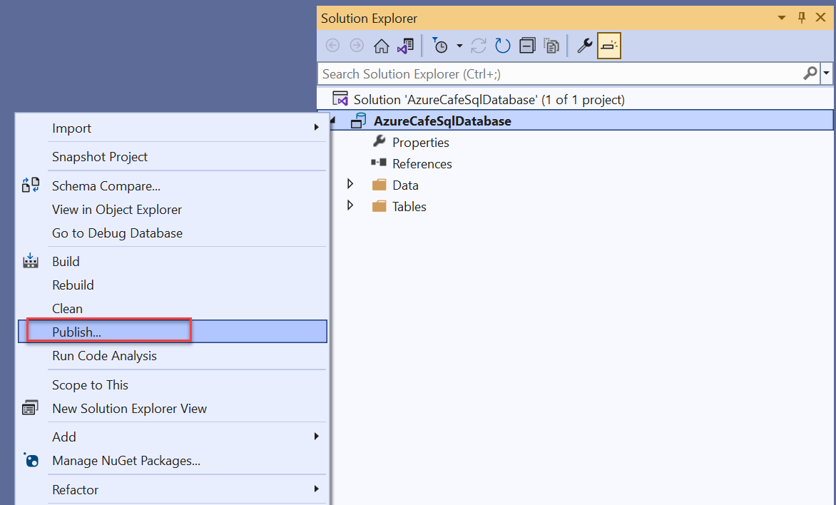 The Visual Studio Solution Explorer panel displays with the context menu showing and the Publish item highlighted.