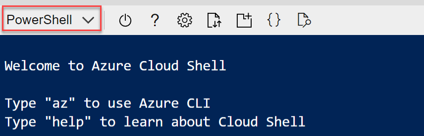 A portion of the cloud shell displays with PowerShell highlighted as the selected language.