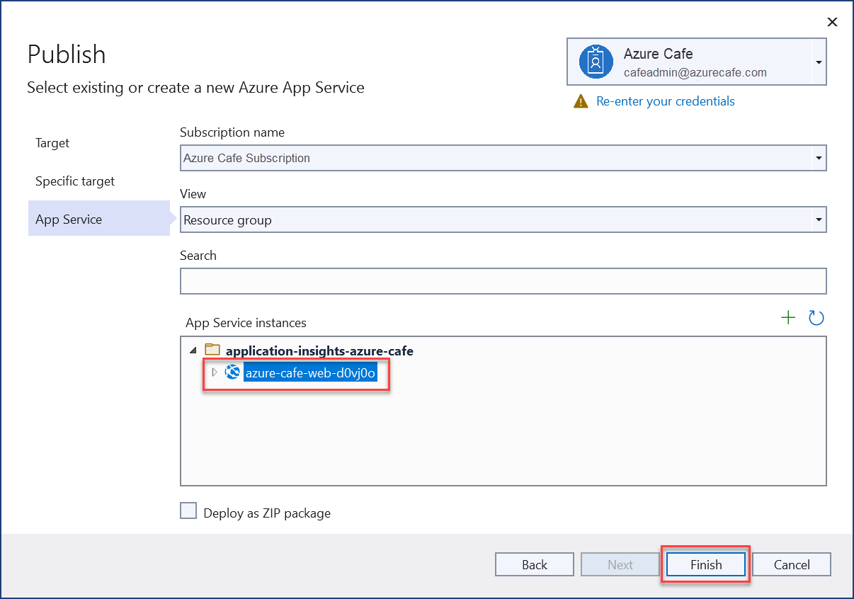 The publish dialog displays the azure-cafe-web-{suffix} web application selected with the Finish button highlighted.