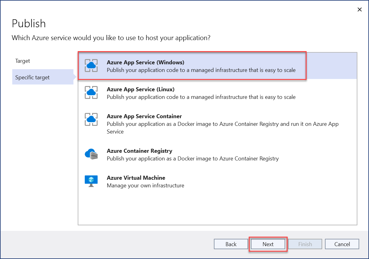 The Publish dialog displays with Azure App Service (Windows) selected and the Next button highlighted.