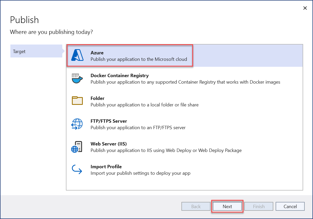 The Publish dialog displays with Azure selected, the Next button is highlighted.