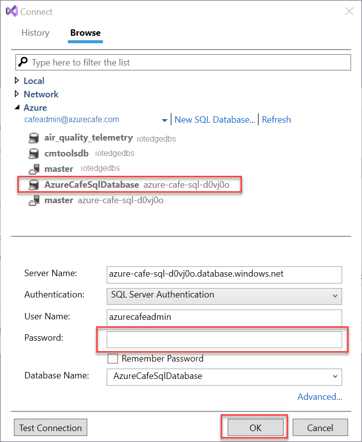 The AzureCafeSqlDatabase is selected with the Password field and OK button highlighted.