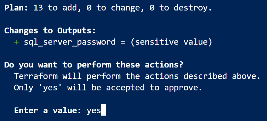 A prompt displays asking to perform the deployment actions, yes is typed at the prompt.